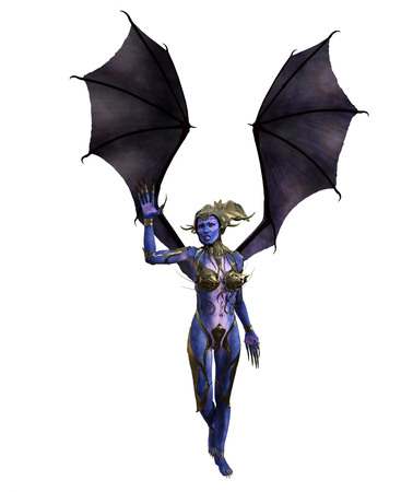 3D illustration of a female devil with wings and blue skinの写真素材