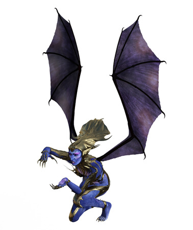 3D illustration of a female devil with wings and blue skinの写真素材