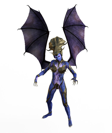 3D illustration of a female devil with wings and blue skinの写真素材