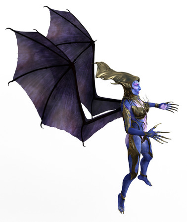 3D illustration of a female devil with wings and blue skinの写真素材