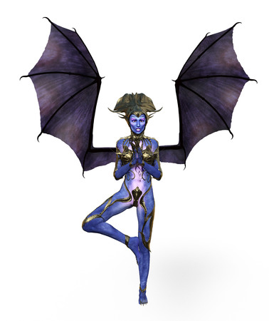 3D illustration of a female devil with wings and blue skinの写真素材