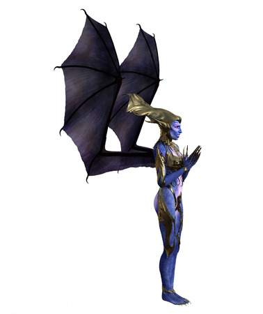 3D illustration of a female devil with wings and blue skinの写真素材