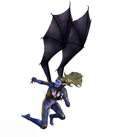 3D illustration of a female devil with wings and blue skinの写真素材