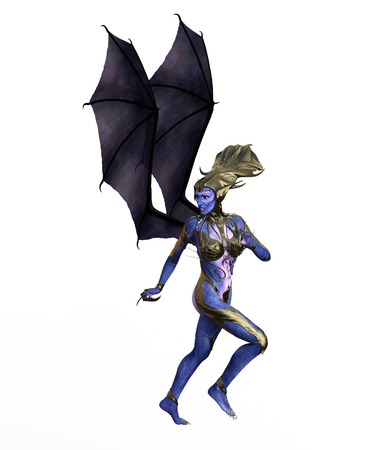 3D illustration of a female devil with wings and blue skinの写真素材