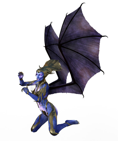 3D illustration of a female devil with wings and blue skinの写真素材