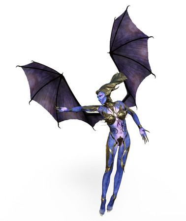 3D illustration of a female devil with wings and blue skinの写真素材