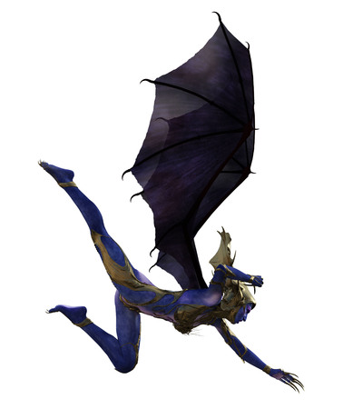 3D illustration of a female devil with wings and blue skinの写真素材
