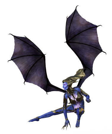 3D illustration of a female devil with wings and blue skinの写真素材