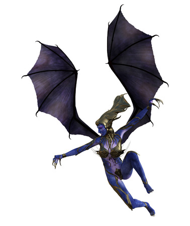 3D illustration of a female devil with wings and blue skinの写真素材