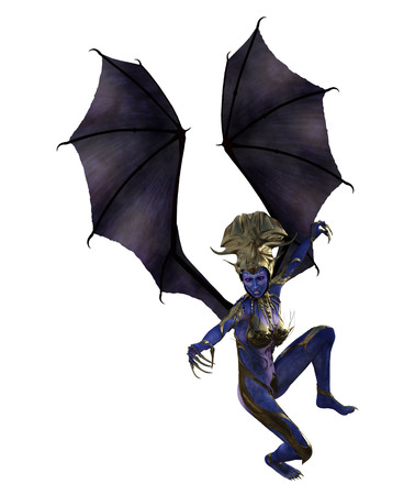3D illustration of a female devil with wings and blue skinの写真素材