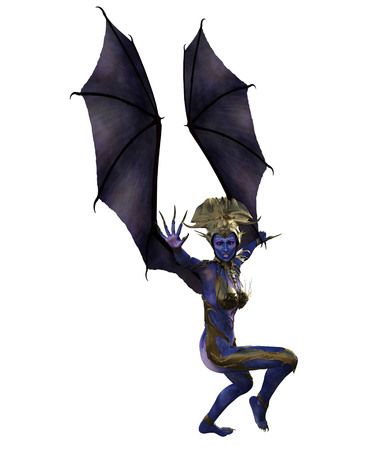 3D illustration of a female devil with wings and blue skinの写真素材