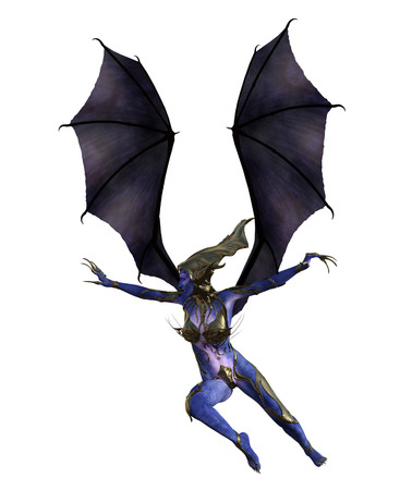 3D illustration of a female devil with wings and blue skinの写真素材