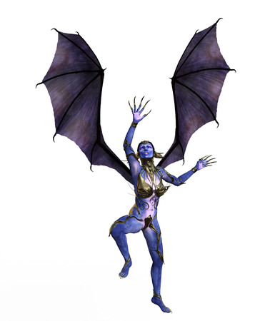 3D illustration of a female devil with wings and blue skinの写真素材