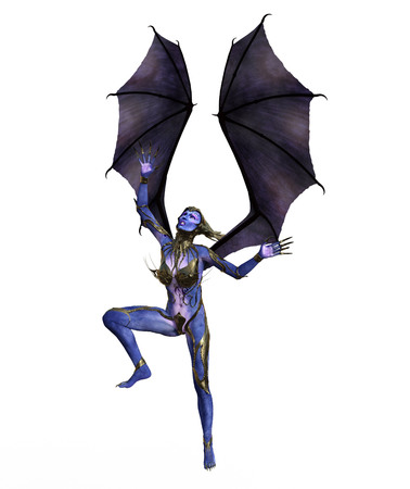 3D illustration of a female devil with wings and blue skinの写真素材