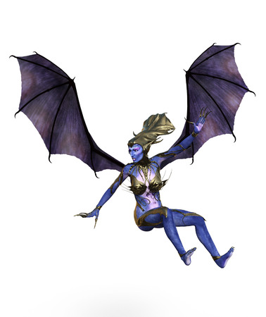 3D Illustration of a female devil with wings and blue skinの写真素材