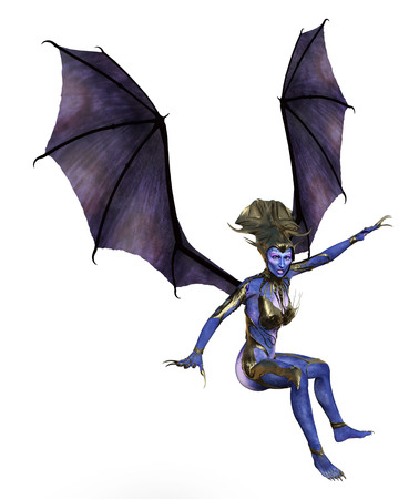 3D Illustration of a female devil with wings and blue skinの写真素材