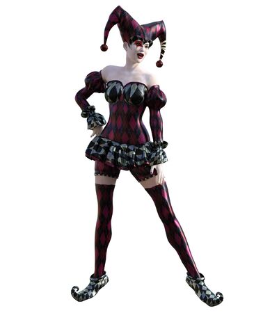 3D Illustration of a sexy female clown and jester with painted faceの写真素材