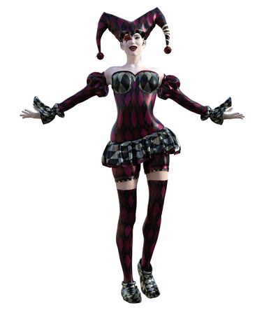 3D Illustration of a sexy female clown and jester with painted faceの写真素材