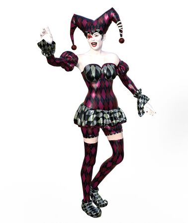 3D Illustration of a sexy female clown and jester with painted faceの写真素材