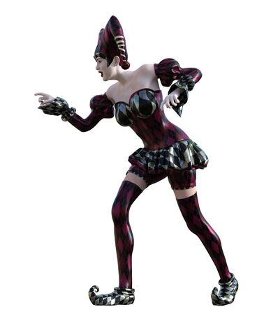 3D Illustration of a sexy female clown and jester with painted faceの写真素材