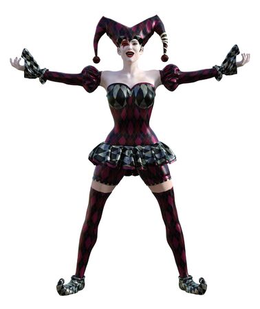 3D Illustration of a sexy female clown and jester with painted faceの写真素材