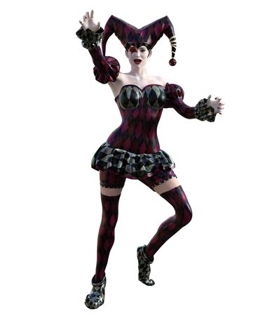 3D Illustration of a sexy female clown and jester with painted faceの写真素材