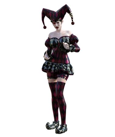 3D Illustration of a sexy female clown and jester with painted faceの写真素材