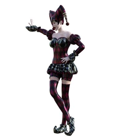 3D Illustration of a sexy female clown and jester with painted faceの写真素材