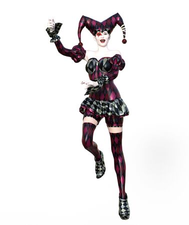 3D Illustration of a sexy female clown and jester with painted faceの写真素材