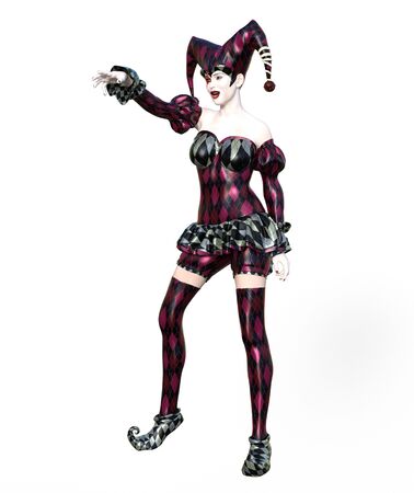 3D Illustration of a sexy female clown and jester with painted faceの写真素材