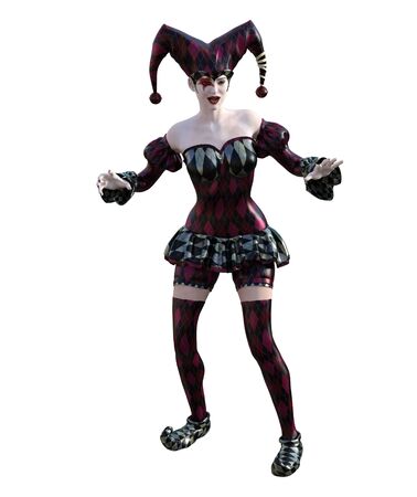 3D Illustration of a sexy female clown and jester with painted faceの写真素材