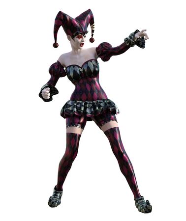 3D Illustration of a sexy female clown and jester with painted faceの写真素材