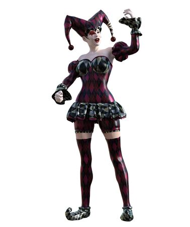 3D Illustration of a sexy female clown and jester with painted faceの写真素材