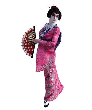 3D Illustration of a Japanese geisha with kimonoの写真素材