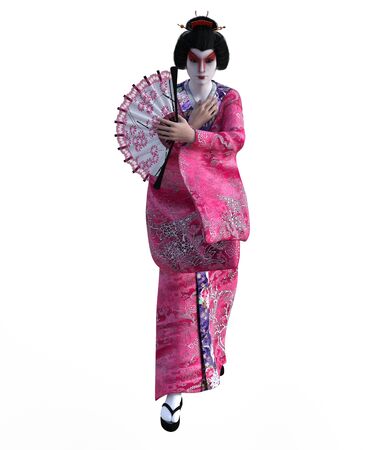 3D Illustration of a Japanese geisha with kimonoの写真素材
