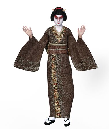 3D Illustration of a Japanese geisha with kimonoの写真素材