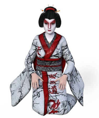 3D Illustration of a Japanese geisha with kimonoの写真素材