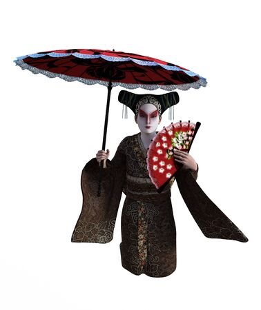 3D Illustration of a Japanese geisha with kimono and parasolの写真素材