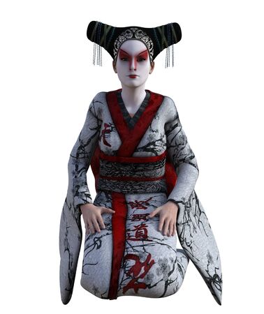 3D Illustration of a Japanese geisha with kimonoの写真素材