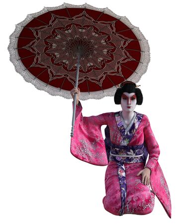 3D Illustration of a Japanese geisha with kimono and parasolの写真素材