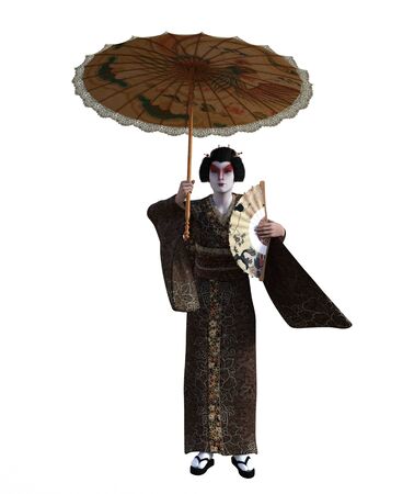 3D Illustration of a Japanese geisha with kimono and parasolの写真素材