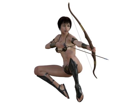 3D illustration of a sexy female archer with bow and arrowの写真素材