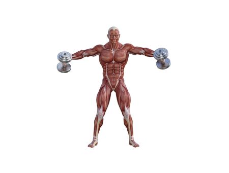 3D illustration of a muscle man posing and exercising with dumbbell for bodybuildingの写真素材
