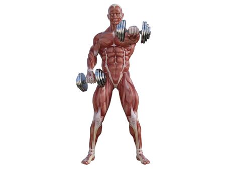 3D illustration of a muscle man posing and exercising with dumbbell for bodybuildingの写真素材