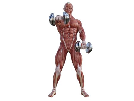 3D illustration of a muscle man posing and exercising with dumbbell for bodybuildingの写真素材