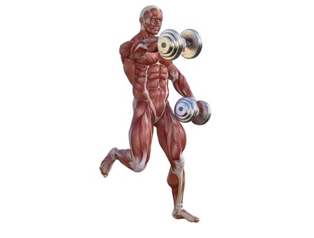 3D illustration of a muscle man posing and exercising with dumbbell for bodybuildingの写真素材