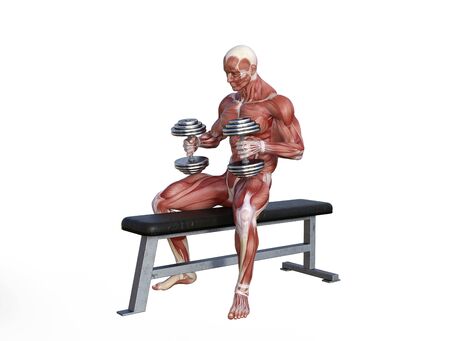 3D illustration of a muscle man posing and exercising with dumbbell for bodybuildingの写真素材