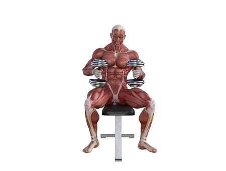 3D illustration of a muscle man posing and exercising with dumbbell for bodybuildingの写真素材