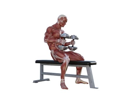 3D illustration of a muscle man posing and exercising with dumbbell for bodybuildingの写真素材