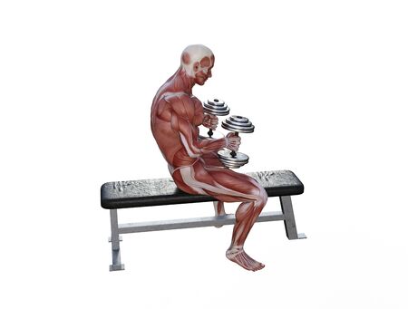 3D illustration of a muscle man posing and exercising with dumbbell for bodybuildingの写真素材
